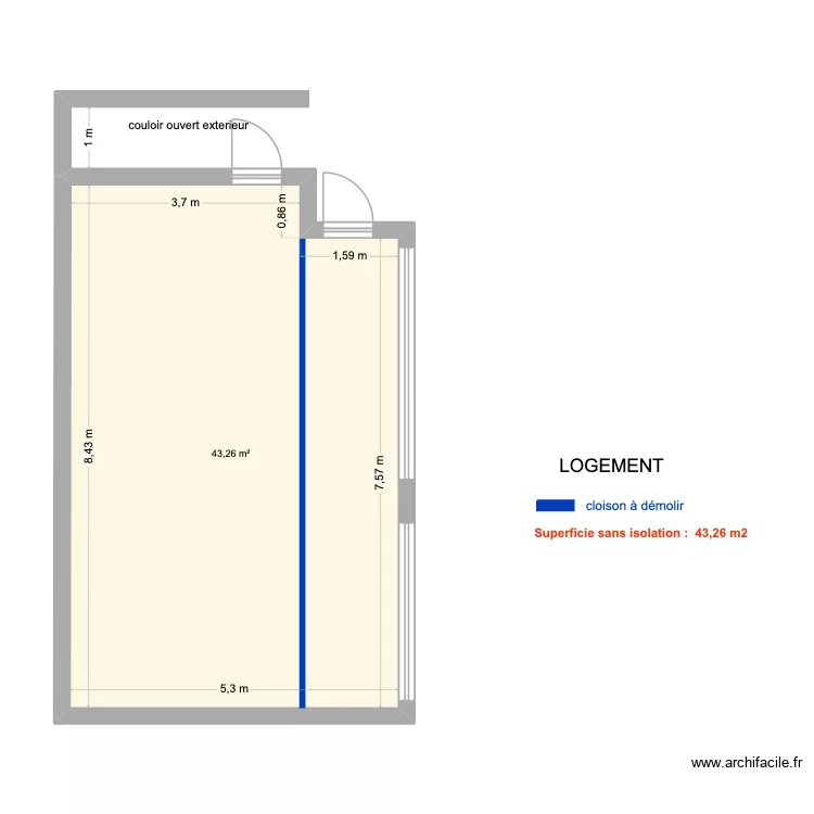 GISY GARAGE apres. Plan de 1 pièce et 43 m²