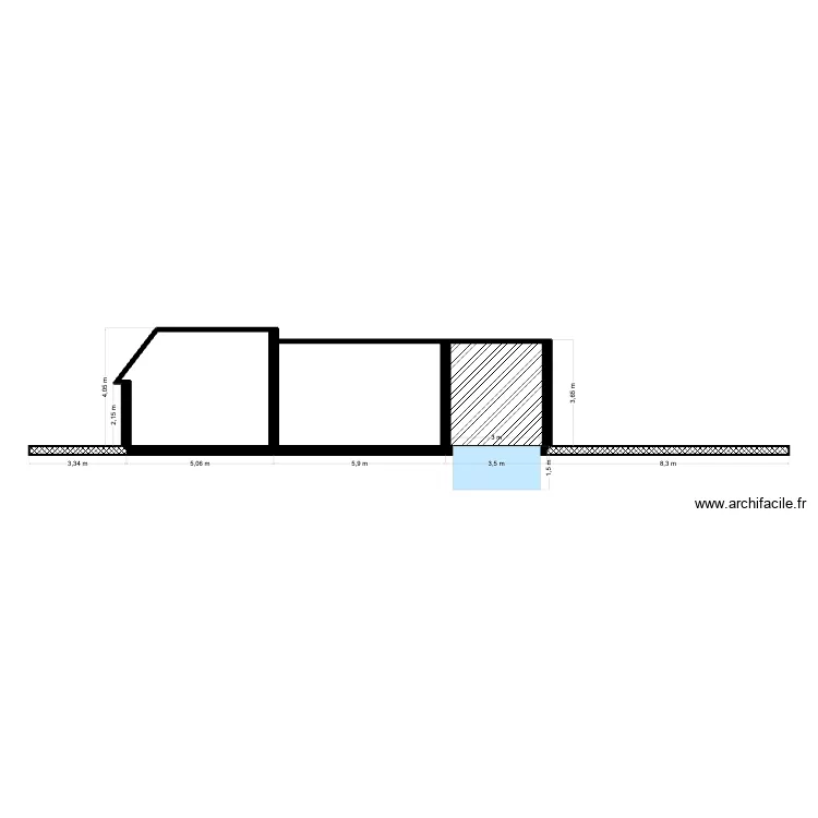 Plan de coupe maison + extension + piscine. Plan de 3  et 50 m²