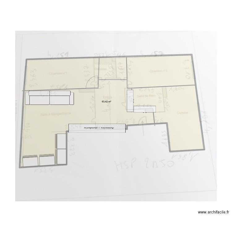 paris 18 - Vcaro4 cuisine au fond. Plan de 1 pièce et 63 m2