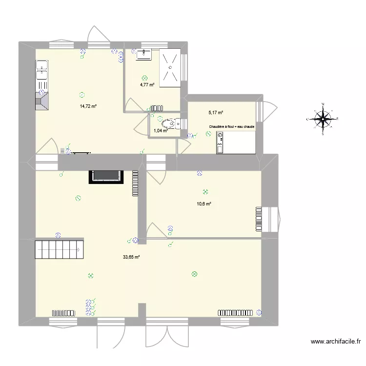 plan de base RDC_Hypoth&egrave;se Cuisine. Plan de 6  et 70 m²