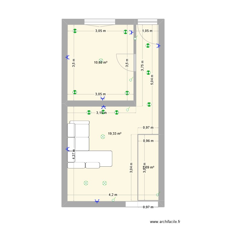 RDC. Plan de 3 pièces et 33 m2