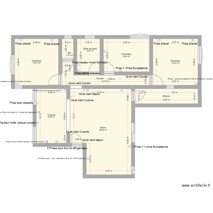 MAURICE. Plan de 9 pièces et 89 m2