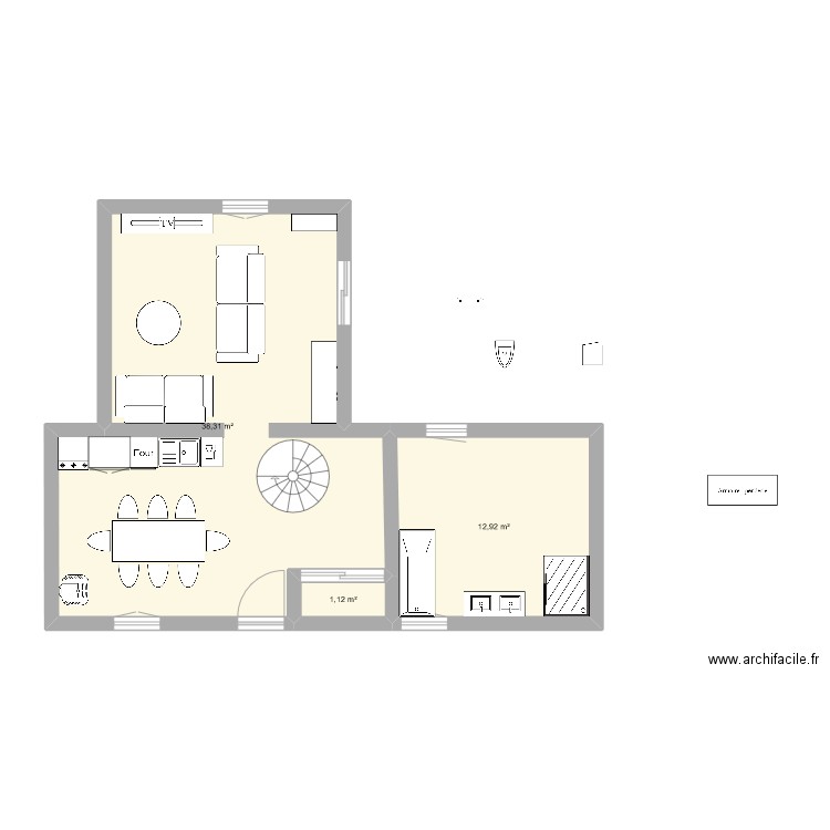 RDC Vieille maison. Plan de 3 pièces et 52 m2