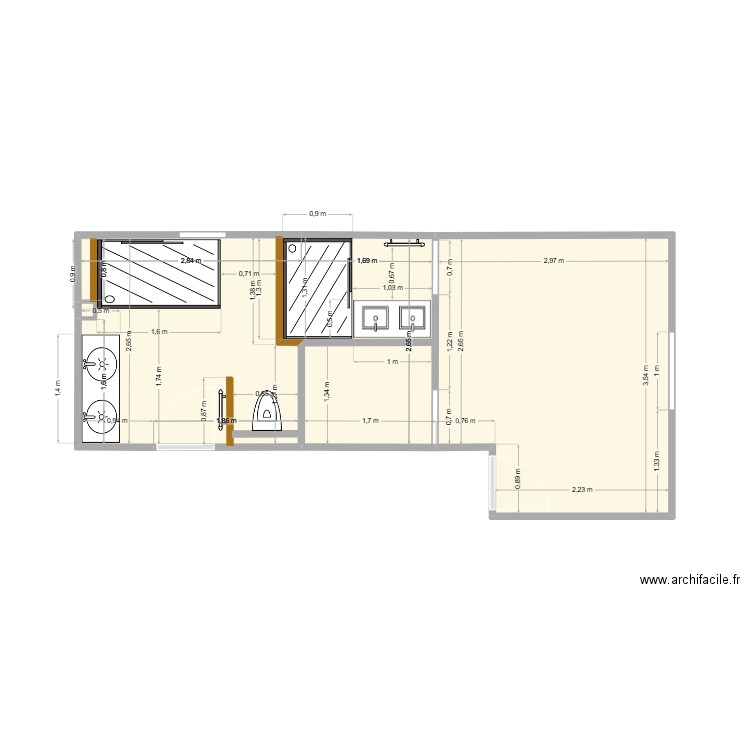 SDB Agencement 1. Plan de 2 pièces et 22 m2