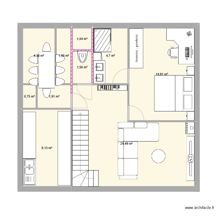 Colleville RdC. Plan de 10 pièces et 65 m2