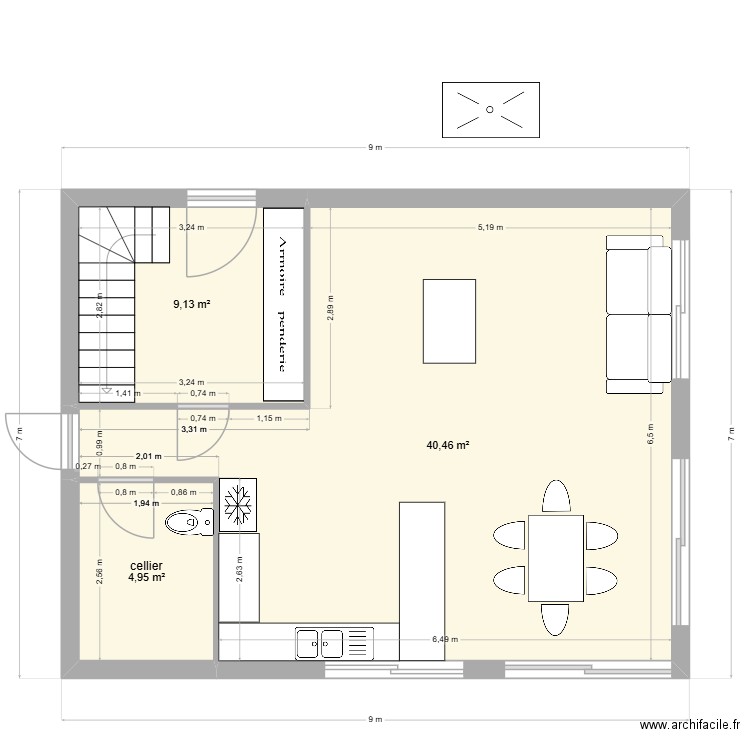 RDC 60m2 9 X 7. Plan de 3 pièces et 55 m2