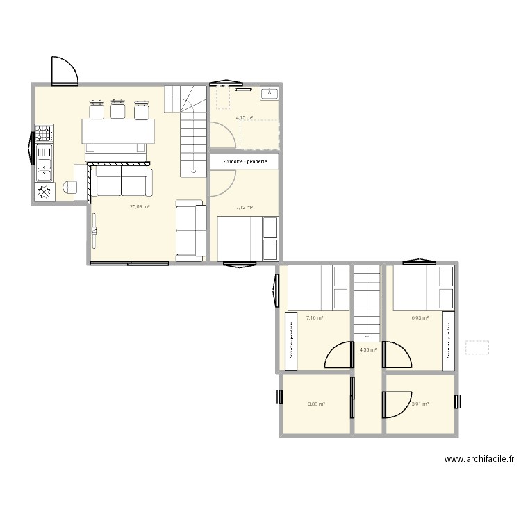 Maison. Plan de 8 pièces et 63 m2