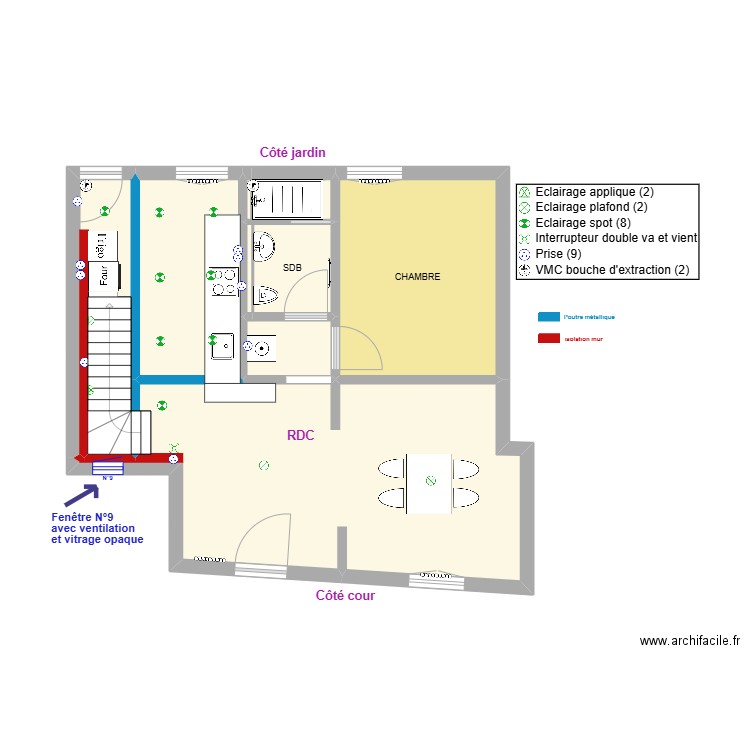 PLAN rdc + cuisine image. Plan de 8 pièces et 56 m2