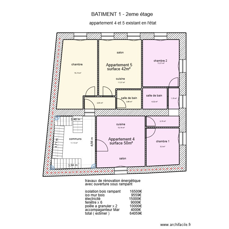 Bâtiment 1 2eme étage + ouvertures. Plan de 11 pièces et 110 m2
