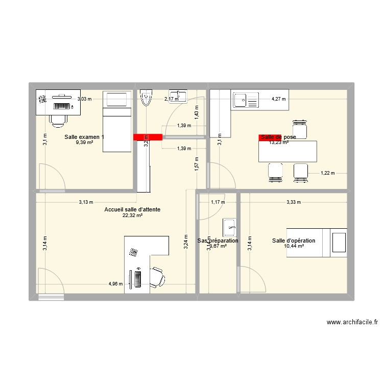 chir. Plan de 5 pièces et 59 m2
