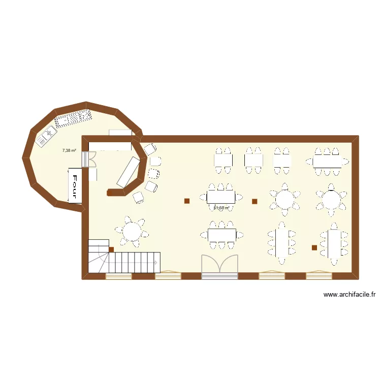 Auberge. Plan de 2 pièces et 59 m²