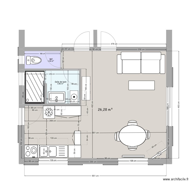 cuisine ++. Plan de 3 pièces et 32 m2