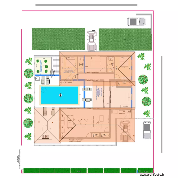 Esquisse 2 blocs - 4 chambres - avec toits - meubles et sous-sol. Plan de 