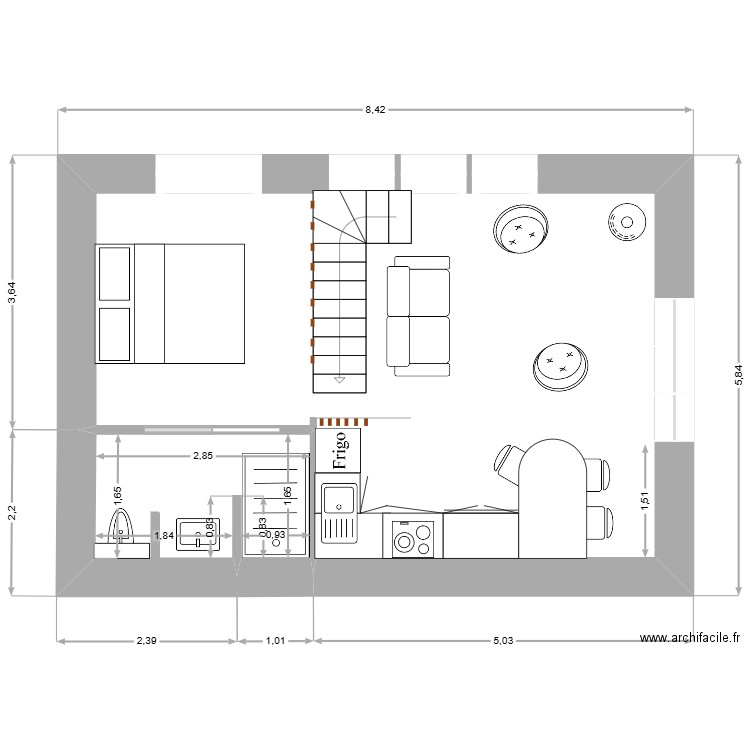 bergerie. Plan de 2 pièces et 35 m2