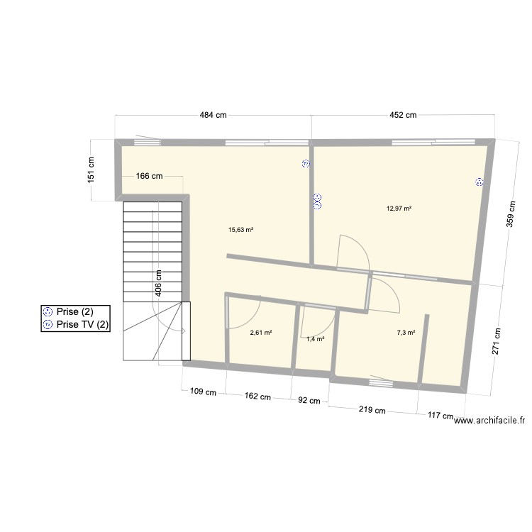 2ème étage electricité. Plan de 5 pièces et 40 m2