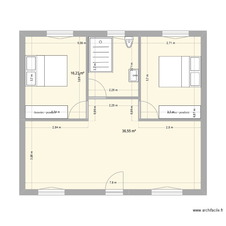 étage 66. Plan de 2 pièces et 53 m2