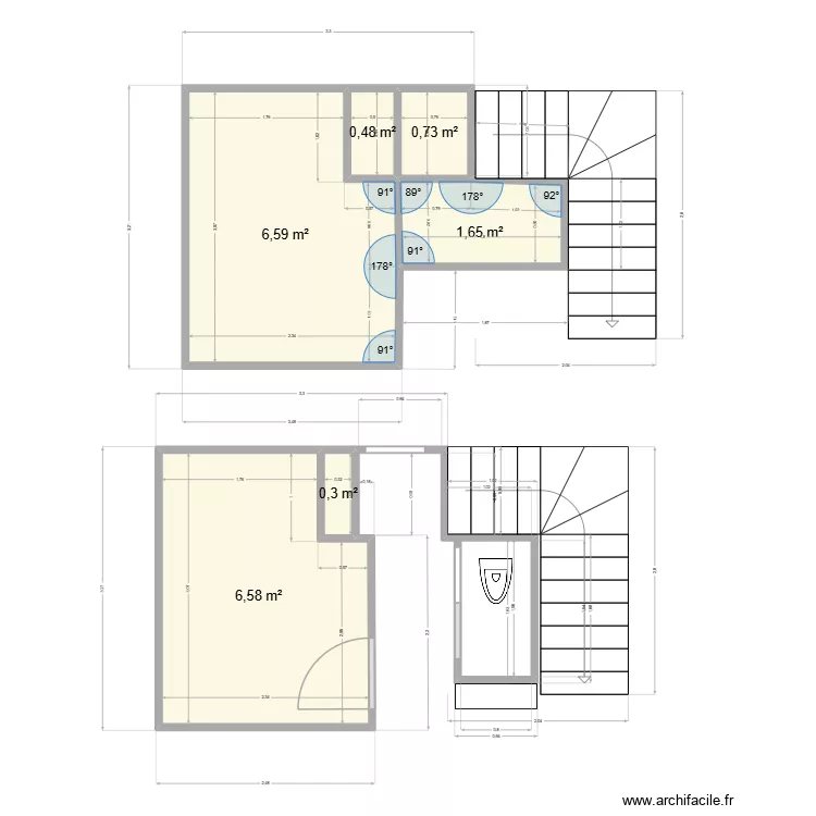 couloir. Plan de 6  et 16 m²
