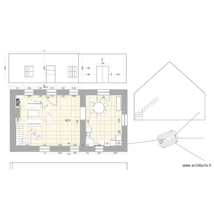 Salle de ping-pong plan masse habitation N°1. Plan de 1 pièce et 66 m2