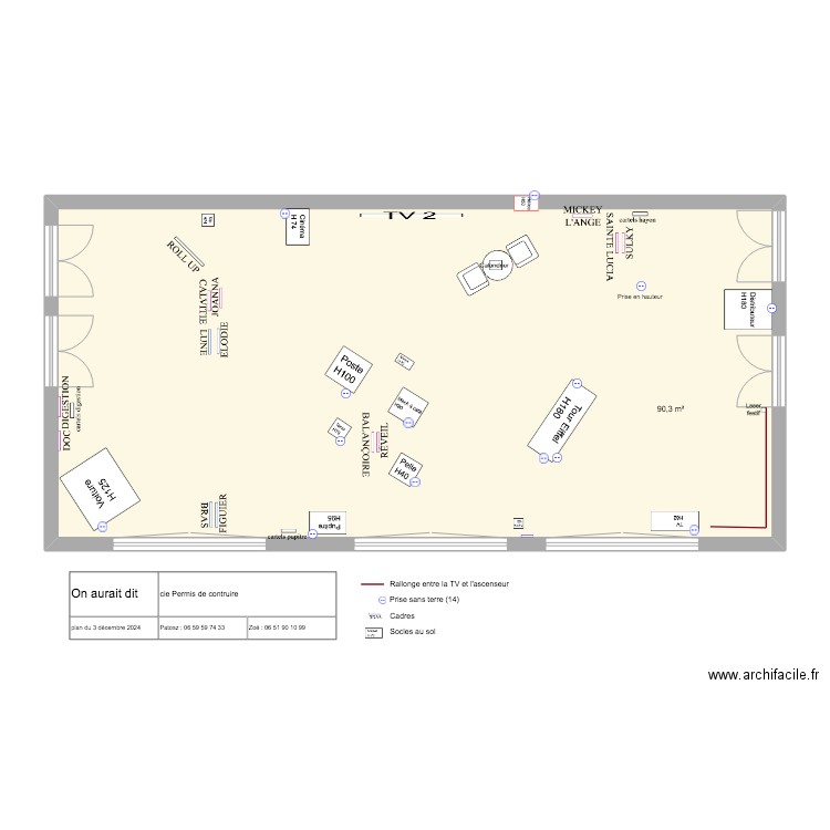 Maif social club. Plan de 1 pièce et 90 m2