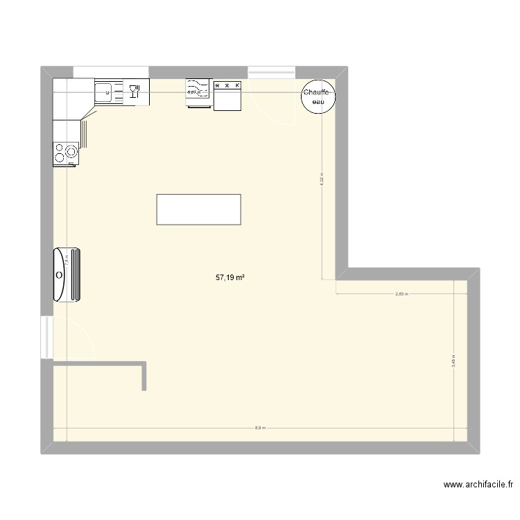 sen cusine. Plan de 1 pièce et 57 m2
