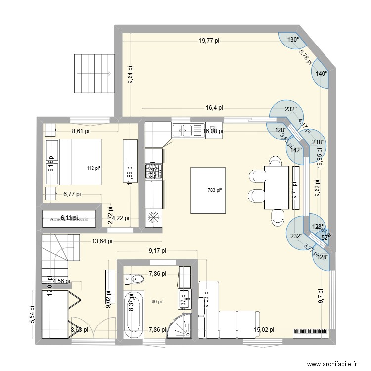 Saint-François Cuisine au Nord. Plan de 4 pièces et 90 m2