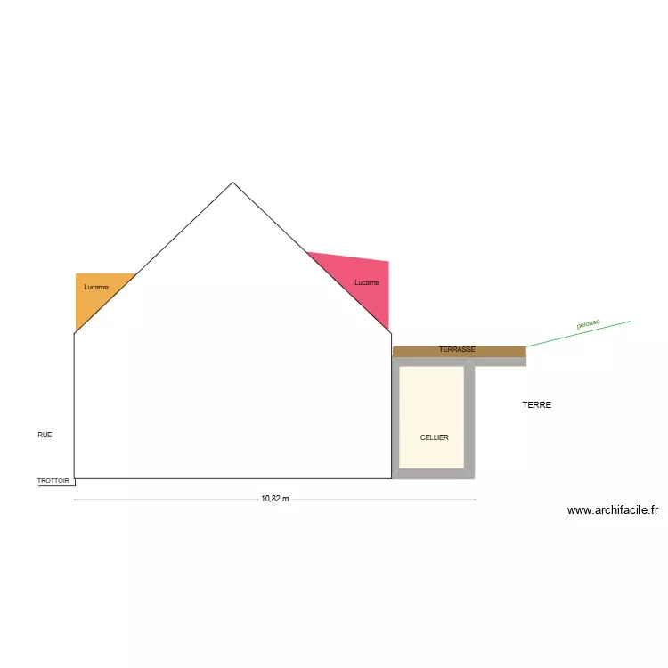 Coupe pignon apr&egrave;s travaux. Plan de 1  et 5 m²