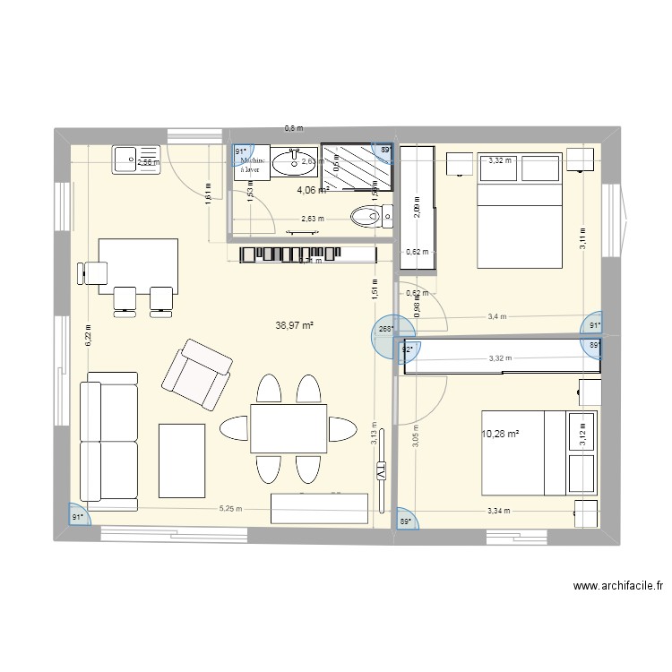 T3 (2) 60 m2. Plan de 3 pièces et 53 m2