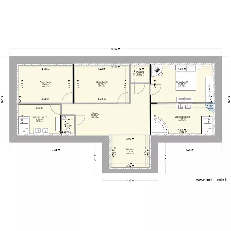 projet 1. Plan de 15 pièces et 256 m²
