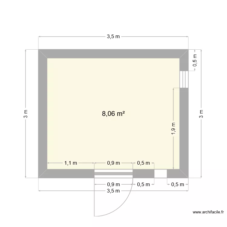 Plan vue du dessus. Plan de 1  et 8 m²