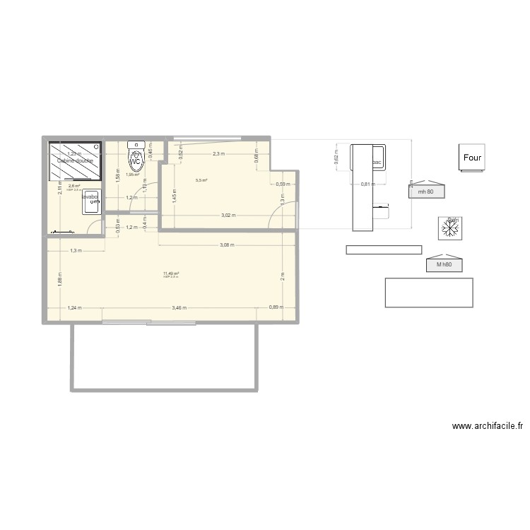 plan cuisine 46 coco. Plan de 4 pièces et 22 m2