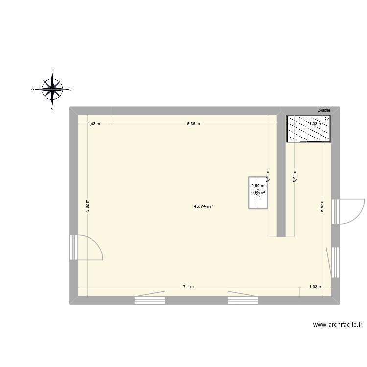 Chambre parentale RDC. Plan de 2 pièces et 47 m2