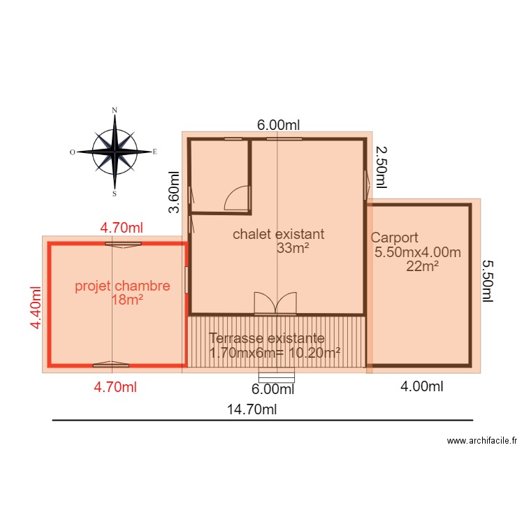 Projet et extension. Plan de 4 pièces et 69 m2