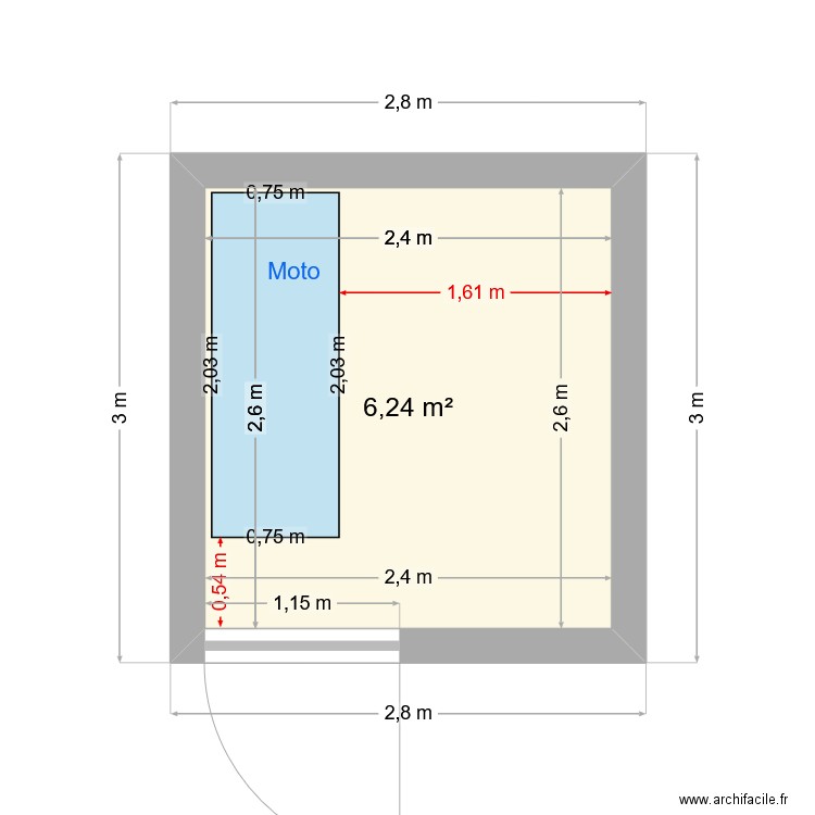 Plan de masse abri de jardin avec moto (parking). Plan de 1 pièce et 6 m2