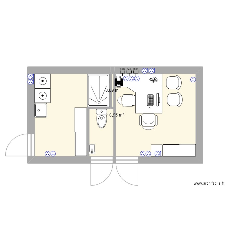 bureau buanderie. Plan de 2 pièces et 17 m2