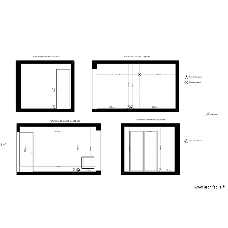 Coupe AA' Bourbon chambre parentale. Plan de 4 pièces et 35 m2