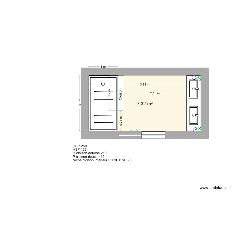 Sophie sdb. Plan de 1 pièce et 7 m2