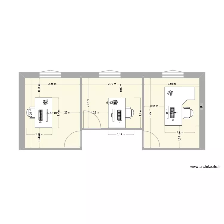bureau gestion. Plan de 3  et 23 m²