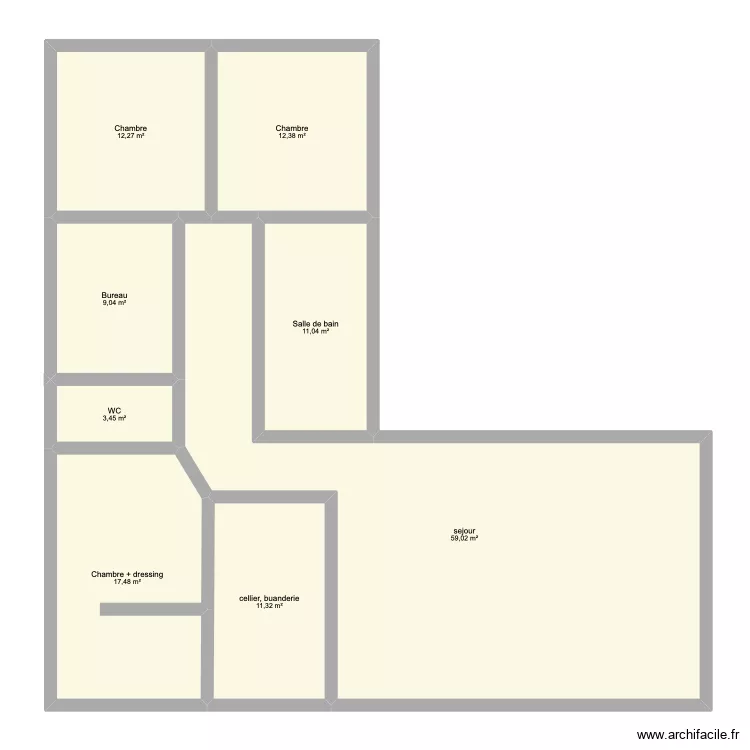 Maison en L, Locqueneux test 1. Plan de 8  et 136 m²