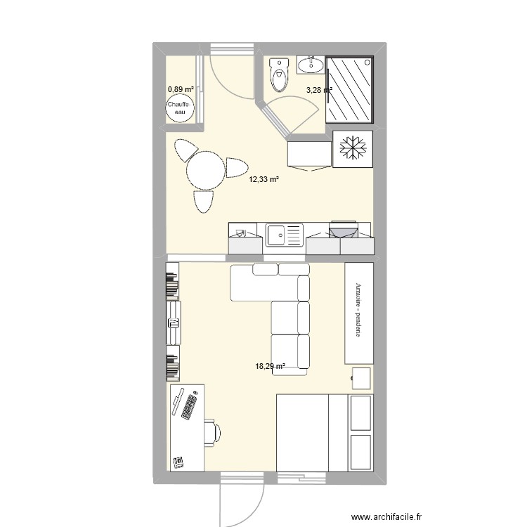 Studio. Plan de 4 pièces et 35 m2