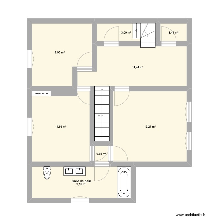 1er étage. Plan de 9 pièces et 65 m2
