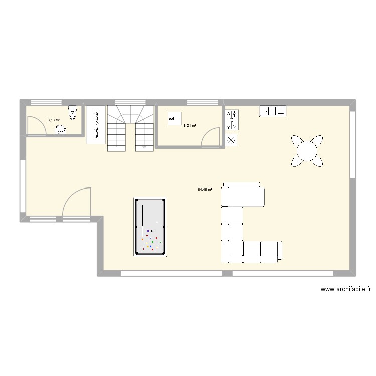 rdc. Plan de 3 pièces et 93 m2
