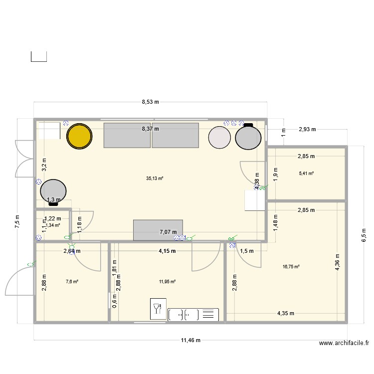 fromagerie. Plan de 6 pièces et 78 m2