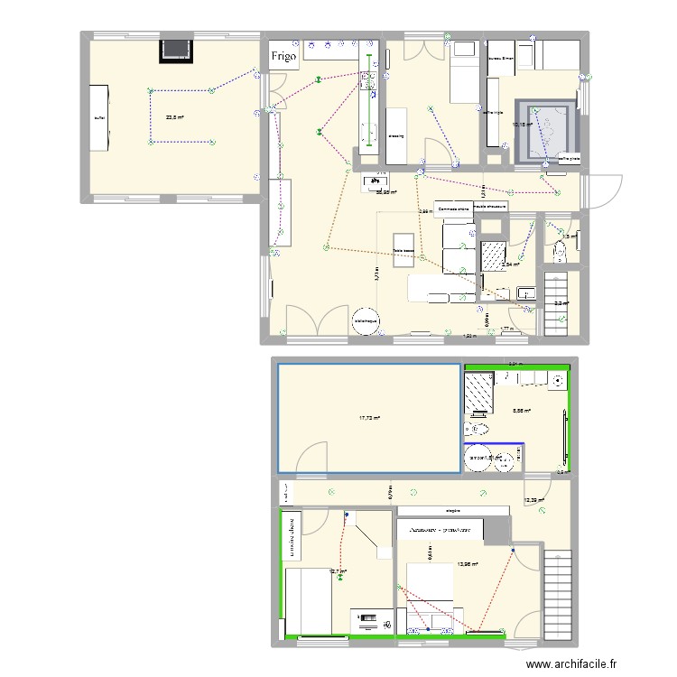 rdc. Plan de 16 pièces et 168 m2