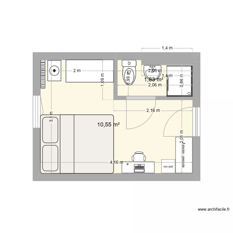 Four fingers variante. Plan de 2 Pièces et 12 m²