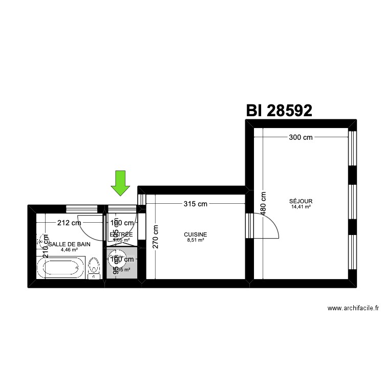 BI 28592. Plan de 5 pièces et 29 m2