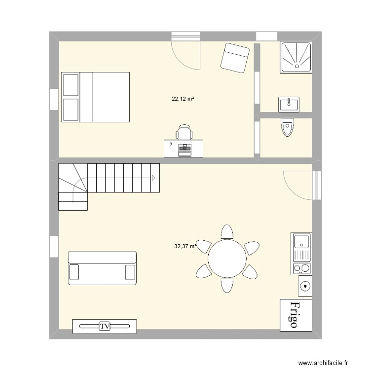 Petit bâtiment RDC. Plan de 2 pièces et 54 m2