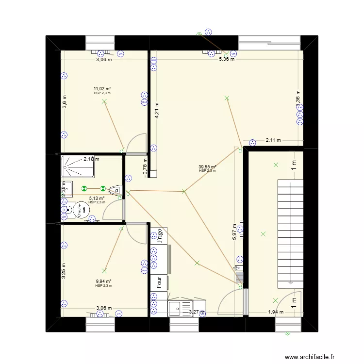 RDC grange &eacute;lectricit&eacute;. Plan de 5  et 77 m²