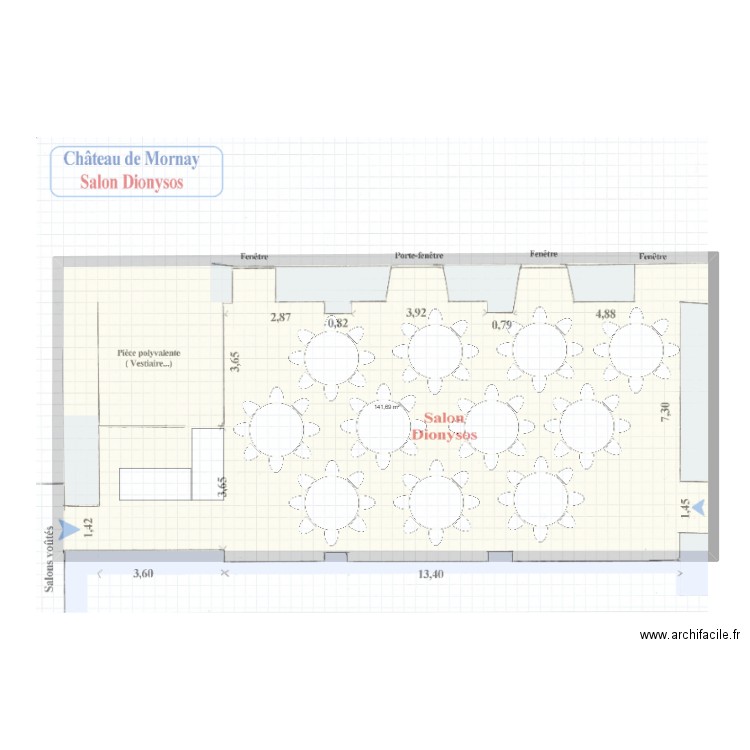 Dionysos - tables rondes. Plan de 1 pièce et 142 m2