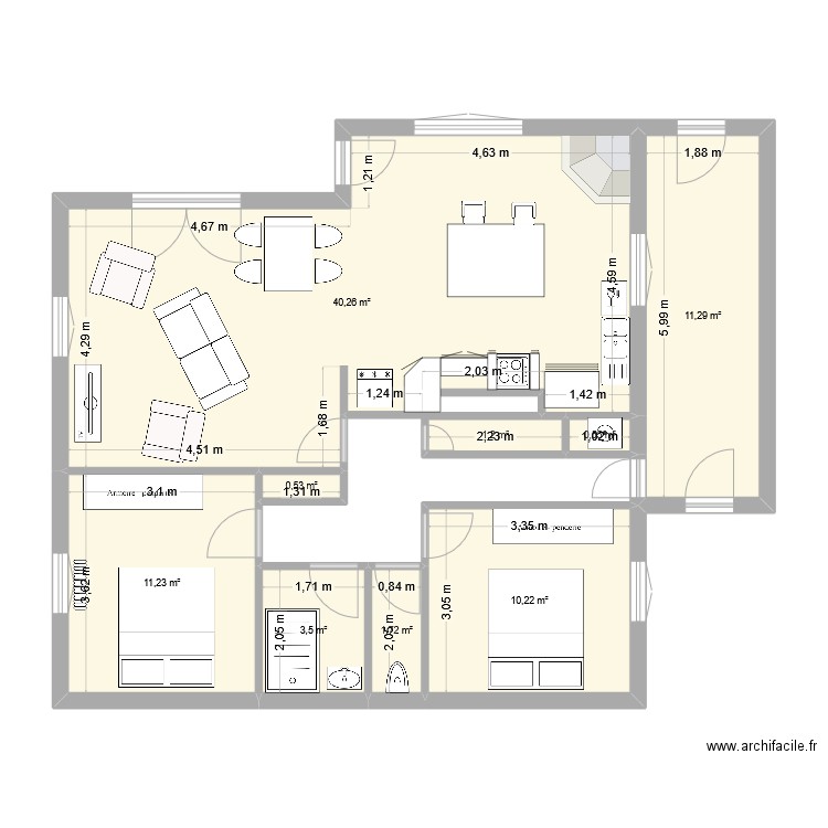 Cuisine Blanchettes. Plan de 9 pièces et 81 m2