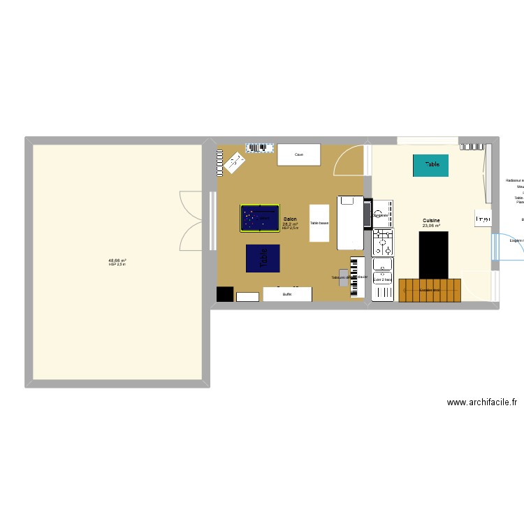 Cuisine. Plan de 3 pièces et 100 m2